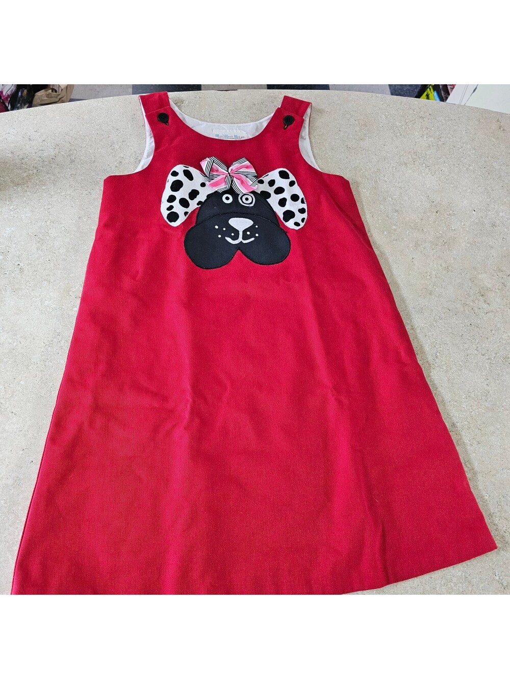Church Mouse Designs Red Sleeveless Girls Dress with Dog Applique and Bow Size 5